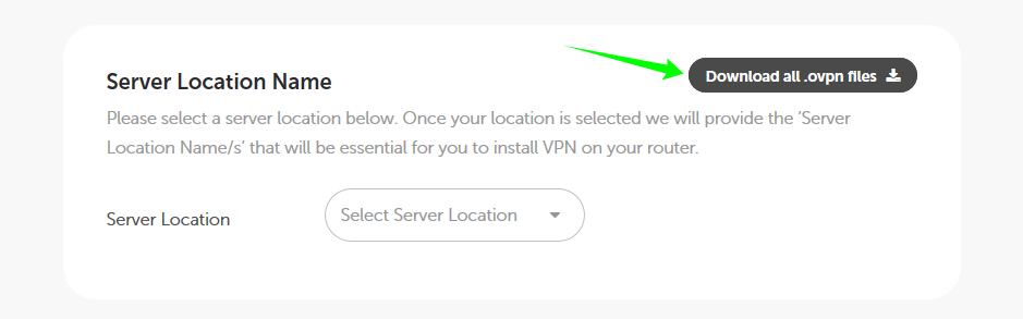 A green arrow points to the Download all .ovpn files button